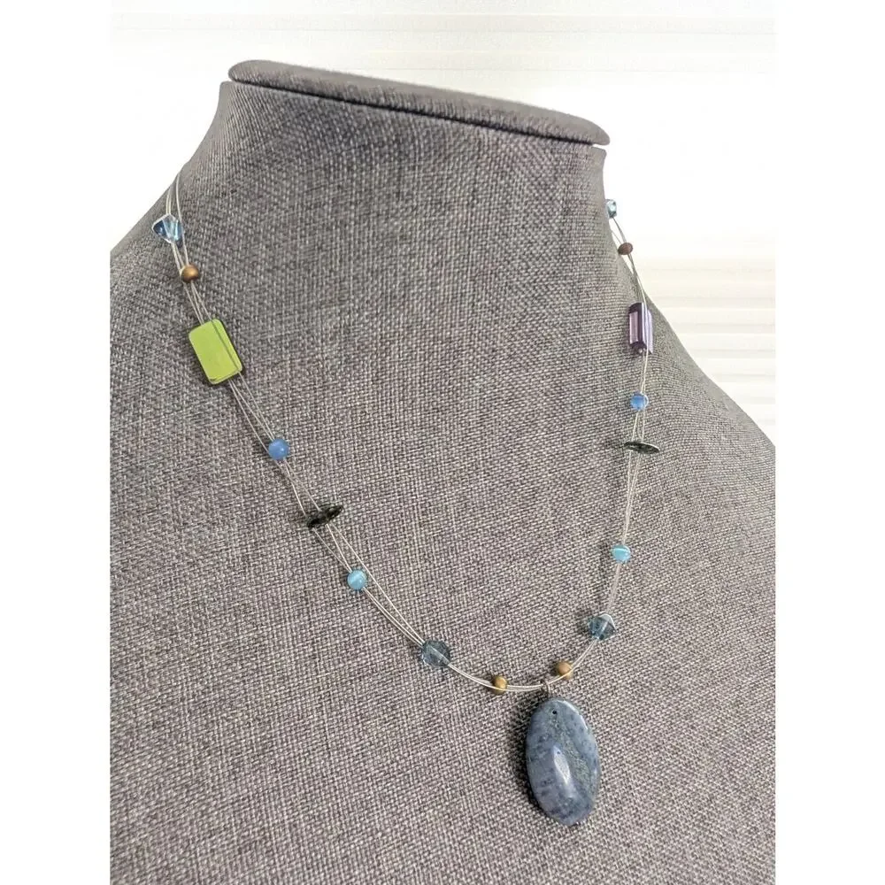 Vintage 90s Art To Wear Glass Bead Blue Coral Pendant Memory Wire Boho Necklace